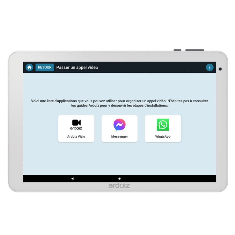 Applications pré-installées pour appeler en visio : Ardoiz Visio, Messenger, WhatsApp